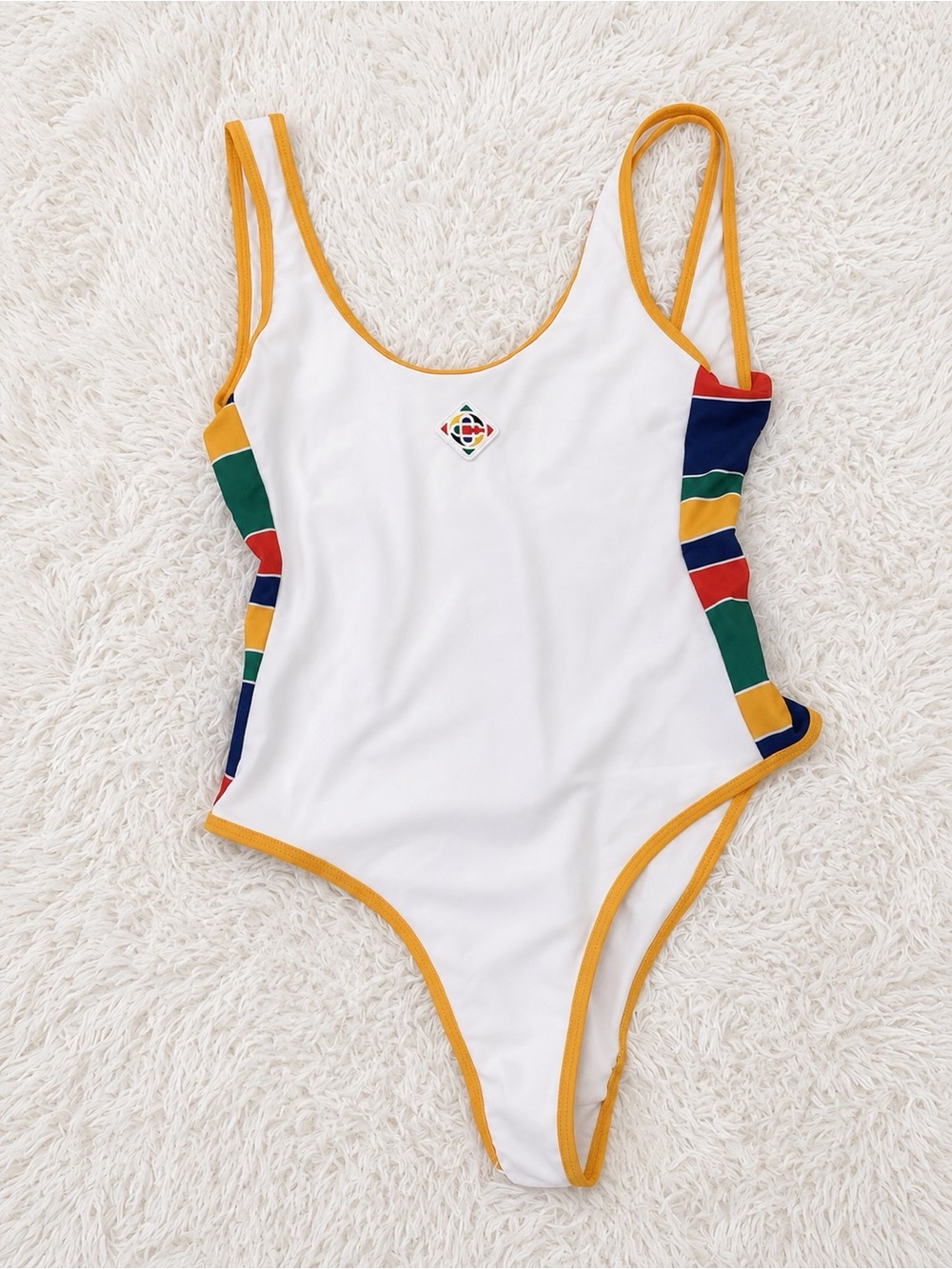 White Casablanca One-Piece Swimsuit with Multicolor Side Stripes
